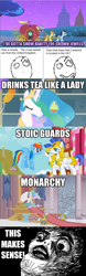 Size: 500x1598 | Tagged: safe, princess celestia, rainbow dash, alicorn, pegasus, pony, britain, comic, headcanon, mind blown, rage face, royal guard