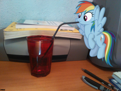 Size: 2592x1944 | Tagged: safe, artist:a4r91n, rainbow dash, pegasus, pony, bendy straw, book, desk, drinking, drinking straw, floating, irl, micro, photo, ponies in real life, printer, solo, straw