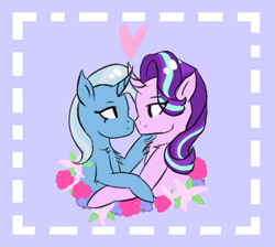 Size: 1219x1092 | Tagged: safe, artist:snovit321, derpibooru import, starlight glimmer, trixie, pony, unicorn, boop, chest fluff, curved horn, female, flower, heart, horns are touching, lesbian, looking at each other, noseboop, shipping, startrix