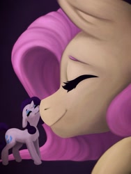 Size: 1536x2048 | Tagged: safe, artist:bighorsesarethebest, artist:smallhorses, fluttershy, rarity, pegasus, pony, unicorn, cute, eyes closed, female, flarity, lesbian, macro, micro, nuzzling, raribetes, shipping, shyabetes, size difference