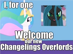 Size: 623x462 | Tagged: safe, princess celestia, queen chrysalis, alicorn, changeling, changeling queen, pony, 404, female, image macro, looking at you, mare, meme, news, text, the simpsons