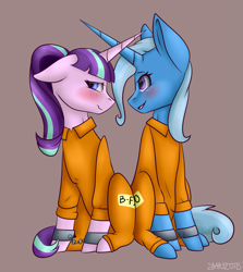 Size: 1247x1396 | Tagged: safe, artist:amcirken, derpibooru import, starlight glimmer, trixie, pony, unicorn, blushing, clothes, cuffs, duo, female, lesbian, prison outfit, prisoner, shackles, shipping, startrix