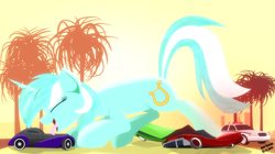 Size: 5140x2880 | Tagged: safe, artist:just rusya, lyra heartstrings, pony, bugatti, bugatti type 57, car, cop car, crown victoria, destruction, eyes closed, giant lyra heartstrings, giant pony, licking, macro, mega lyra, police car, tongue out