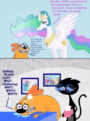 Size: 1620x2175 | Tagged: safe, artist:cartuneslover16, princess celestia, alicorn, pony, blossom (fetch!), crossover, crossover shipping, fetch! with ruff ruffman, ruff ruffman