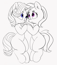 Size: 1280x1449 | Tagged: safe, artist:pabbley, derpibooru import, edit, starlight glimmer, trixie, pony, unicorn, 30 minute art challenge, cute, female, horns are touching, lesbian, mare, monochrome, shipping, simple background, smiling, startrix, tongue out