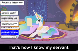 Size: 1024x672 | Tagged: safe, princess celestia, alicorn, pony, comic:celestia's servant interview, caption, interview, meta