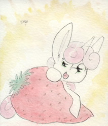 Size: 696x817 | Tagged: safe, artist:slightlyshade, sweetie belle, pony, food, micro, solo, strawberry, traditional art