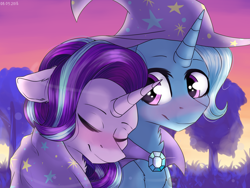 Size: 4000x3000 | Tagged: safe, artist:racheldantes, derpibooru import, starlight glimmer, trixie, pony, unicorn, blushing, cape, clothes, eyes closed, female, hat, heart eyes, lesbian, mare, shipping, smiling, startrix, tree, trixie's cape, trixie's hat, wingding eyes