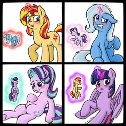 Size: 1000x1000 | Tagged: safe, alternate version, artist:z-y-c, derpibooru import, starlight glimmer, sunset shimmer, trixie, twilight sparkle, twilight sparkle (alicorn), alicorn, pony, unicorn, blushing, counterparts, cute, diatrixes, doll, embarrassed, female, glimmerbetes, lesbian, lip bite, love square, magic, magical quartet, mare, plushie, shimmerbetes, shipping, simple background, startrix, sunsetsparkle, suntrix, telekinesis, toy, twiabetes, twilight's counterparts, twistarlight, white background