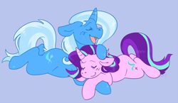 Size: 1200x698 | Tagged: safe, artist:kipaki, derpibooru import, starlight glimmer, trixie, pony, unicorn, blue background, cuddling, cute, eyes closed, female, floppy ears, lesbian, mare, open mouth, prone, shipping, simple background, sleeping, smiling, startrix