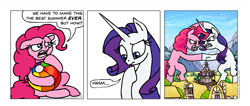 Size: 1005x426 | Tagged: safe, artist:gingerfoxy, pinkie pie, rarity, earth pony, pony, unicorn, pony comic generator, beach ball, comic, female, fight, giant pony, giantess, macro, mare, ponyville