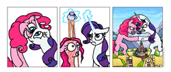 Size: 1005x426 | Tagged: safe, artist:gingerfoxy, pinkie pie, rarity, earth pony, pony, unicorn, pony comic generator, comic, cup, fight, giant pony, macro, ponyville, tea, teacup, wet mane