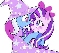 Size: 1158x1043 | Tagged: safe, artist:1racat, derpibooru import, starlight glimmer, trixie, pony, unicorn, blushing, cape, clothes, cute, diatrixes, female, glimmerbetes, hat, lesbian, looking at each other, shipping, smiling, startrix, trixie's cape, trixie's hat, unshorn fetlocks