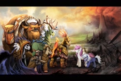 Size: 1920x1280 | Tagged: safe, artist:ziom05, doctor whooves, philomena, princess celestia, princess luna, oc, oc:ban dragonheart, oc:fenix the dragonslayer, oc:pallanen lifekeeper, alicorn, buffalo, butterfly, deer, dragon, lich, phoenix, pony, undead, g1, armor, buffalo oc, doctor who, ent, epic, flintlock, gun, magic the gathering, monarch butterfly, nose piercing, nose ring, piercing, skeleton, surprised, technical advanced, totem