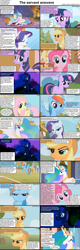 Size: 1282x4018 | Tagged: safe, applejack, fluttershy, pinkie pie, princess celestia, princess luna, rainbow dash, rarity, twilight sparkle, alicorn, earth pony, pegasus, pony, unicorn, comic:celestia's servant interview, caption, comic, interview