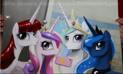 Size: 2454x1479 | Tagged: safe, artist:johnjoseco, princess cadance, princess celestia, princess luna, oc, oc:fausticorn, alicorn, pony, duckface, lauren faust, photo