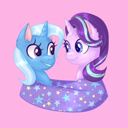 Size: 2000x2000 | Tagged: safe, artist:solareflares, derpibooru import, starlight glimmer, trixie, pony, unicorn, cape, clothes, duo, female, lesbian, looking at each other, shared clothing, shipping, smiling, startrix, trixie's cape