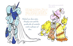 Size: 900x568 | Tagged: safe, artist:frankilew, princess celestia, princess luna, oc, alicorn, pony, clothes, dress, kitsune, non-pony oc