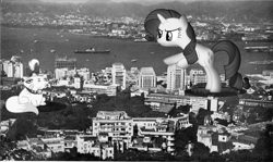 Size: 1257x751 | Tagged: safe, artist:somerandomminion, opalescence, rarity, pony, unicorn, black and white, boat, building, city, dundee, giant pony, grayscale, irl, macro, mega rarity, monochrome, photo, ponies in real life, scotland