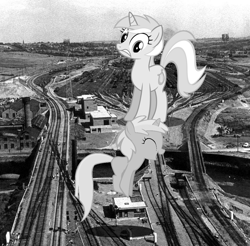 Size: 1024x1006 | Tagged: safe, artist:somerandomminion, dinky hooves, lyra heartstrings, pony, unicorn, black and white, city, dundee, female, filly, giant lyra heartstrings, giant pony, grayscale, irl, jumping, macro, mega luna, mega lyra, monochrome, photo, ponies in real life, railroad, scotland