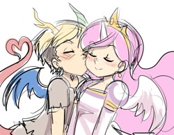 Size: 1024x793 | Tagged: safe, artist:maniacpaint, discord, princess celestia, alicorn, clothes, crown, dislestia, dress, ear piercing, earring, female, horned humanization, humanized, jewelry, kissing, male, piercing, pink-mane celestia, shipping, straight, winged humanization, young, young celestia, young discord