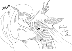 Size: 800x570 | Tagged: safe, artist:japananon, artist:昔の傷口, princess celestia, queen chrysalis, alicorn, changeling, changeling queen, pony, chryslestia, female, kissing, lesbian, monochrome, shipping, sketch