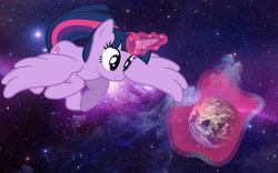 Size: 1920x1200 | Tagged: safe, twilight sparkle, twilight sparkle (alicorn), alicorn, earth, macro, magic, megalight sparkle, pony bigger than a planet, space, stars