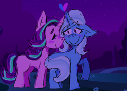 Size: 1584x1136 | Tagged: safe, artist:webcoregoth, derpibooru import, starlight glimmer, trixie, pony, unicorn, blushing, female, heart, horns are touching, lesbian, mare, night, shipping, smiling, startrix