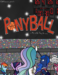 Size: 700x900 | Tagged: safe, artist:kymsnowman, pinkie pie, princess celestia, princess luna, rainbow dash, twilight sparkle, alicorn, earth pony, pegasus, pony, basketball, comic, fourth wall