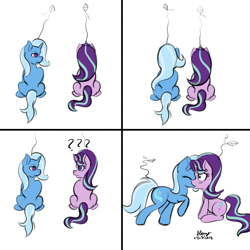 Size: 800x800 | Tagged: safe, artist:bleuey, derpibooru import, starlight glimmer, trixie, pony, unicorn, comic, female, kissing, kite, kite flying, lesbian, mare, shipping, startrix, that pony sure does love kites