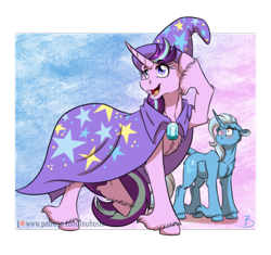 Size: 1024x963 | Tagged: safe, artist:inuhoshi-to-darkpen, derpibooru import, starlight glimmer, trixie, pony, unicorn, abstract background, blushing, cape, chest fluff, clothes, clothes swap, curved horn, female, gradient background, hat, lesbian, mare, shipping, startrix, trixie's cape, trixie's hat, unshorn fetlocks