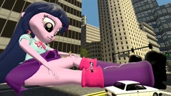 Size: 1500x843 | Tagged: safe, artist:jeroen01, apple bloom, applejack, rarity, twilight sparkle, twilight sparkle (alicorn), equestria girls, 3d, attack on twi-tan, car, city, clothes, cowboy hat, giantess, leg warmers, macro, megalight sparkle, requested art, shoes, skirt, skirt lift, source filmmaker, stetson