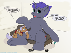 Size: 1024x762 | Tagged: safe, artist:digoraccoon, oc, oc only, oc:doc wagon, oc:switchblade, pony, dialogue, growth, macro