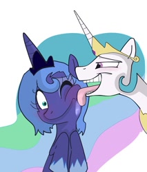 Size: 600x705 | Tagged: safe, artist:klondike, princess celestia, princess luna, alicorn, pony, bedroom eyes, blushing, drool, face licking, female, frown, licking, non-consensual licking, open mouth, s1 luna, simple background, sisters, smiling, smirk, teasing, tongue out, trollestia, white background, wide eyes, wink