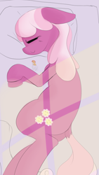 Size: 903x1598 | Tagged: artist needed, safe, cheerilee, oc, earth pony, pony, bed, female, mare, micro, size difference, sleeping, tiny, tiny ponies