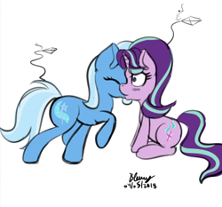 Size: 407x379 | Tagged: safe, artist:bleuey, derpibooru import, edit, starlight glimmer, trixie, pony, unicorn, cropped, female, kissing, lesbian, shipping, startrix