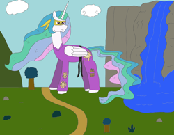 Size: 3220x2502 | Tagged: safe, artist:supahdonarudo, princess celestia, alicorn, pony, bandana, bush, cloud, female, folded wings, giant pony, giantess, giantlestia, macro, mare, mega celestia, ninja, nunchucks, rock, tree, waterfall