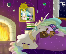 Size: 1500x1240 | Tagged: source needed, safe, artist:bri-sta, artist:php44, princess celestia, twilight sparkle, alicorn, pony, unicorn, bed, book, doll, eyes closed, female, filly, fireplace, mare, momlestia, moon, night, on back, picture, plushie, prone, sleeping, smiling, stars