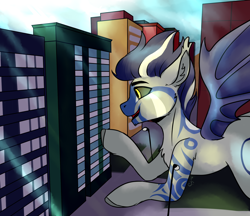 Size: 2080x1800 | Tagged: safe, artist:serodart, oc, oc only, bat pony, pony, bat pony oc, building, city, giant pony, macro, male, solo, town