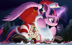 Size: 3000x1867 | Tagged: safe, artist:ncmares, lyra heartstrings, spike, starlight glimmer, twilight sparkle, twilight sparkle (alicorn), alicorn, dragon, pony, book, christmas, clothes, costume, female, giant pony, giantess, glowing horn, hat, holiday, house, levitation, macro, magic, mare, mega twilight sparkle, megalight sparkle, night, present, reading, santa costume, santa hat, snow, snowman, telekinesis, unamused, ushanka, wallpaper