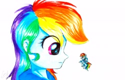 Size: 3302x2117 | Tagged: safe, artist:liaaqila, rainbow dash, pony, equestria girls, clothes, cute, female, human ponidox, looking at each other, mare, micro, pun, self ponidox, size difference, tiny, tiny ponies, traditional art, visual pun