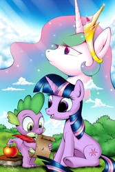 Size: 540x810 | Tagged: safe, artist:ruffyyoshi, princess celestia, spike, twilight sparkle, alicorn, dragon, pony, apple