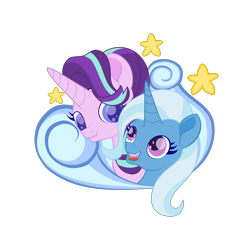 Size: 3543x3543 | Tagged: safe, artist:sparkleshadow, derpibooru import, starlight glimmer, trixie, pony, unicorn, bust, female, lesbian, mare, open mouth, shipping, simple background, startrix, transparent background