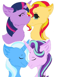 Size: 768x1024 | Tagged: safe, artist:artisticfangirl7, derpibooru import, starlight glimmer, sunset shimmer, trixie, twilight sparkle, pony, unicorn, female, lesbian, shipping, simple background, startrix, sunsetsparkle, transparent background