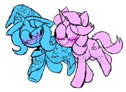 Size: 1157x845 | Tagged: safe, artist:pinkiespresent, derpibooru import, starlight glimmer, trixie, pony, unicorn, blushing, female, lesbian, looking at each other, shipping, simple background, smiling, startrix, transparent background, watermark