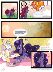 Size: 2286x3060 | Tagged: safe, artist:for-the-plot, princess celestia, princess luna, oc, alicorn, pony, canterlot, comic, for the plot, grapes, high res, sun, wine