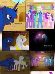 Size: 1024x1365 | Tagged: safe, artist:for-the-plot, princess celestia, princess luna, rarity, trixie, twilight sparkle, alicorn, pony, unicorn, background pony, comic, dark, for the plot, golden oaks library, library, lunaughty, princess molestia, shit's getting serious