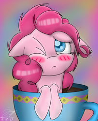 Size: 1058x1301 | Tagged: safe, artist:creepyponeh, pinkie pie, earth pony, pony, blushing, cup, cup of pony, female, floppy ears, mare, micro, one eye closed, solo