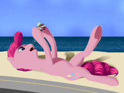 Size: 2400x1800 | Tagged: safe, artist:styroponyworks, pinkie pie, pony, beach, eating, female, giant pony, ice cream truck, macro, mare, ocean, open mouth, sand, solo, underhoof, water