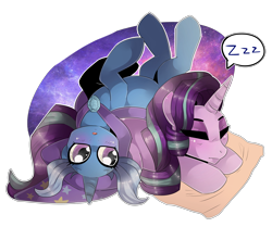 Size: 5148x4308 | Tagged: safe, artist:fluffideer, artist:tempwilzze, derpibooru import, starlight glimmer, trixie, pony, unicorn, absurd resolution, cape, clothes, female, hat, lesbian, mare, pony pile, shipping, simple background, sleeping, startrix, transparent background, trixie's cape, trixie's hat, zzz